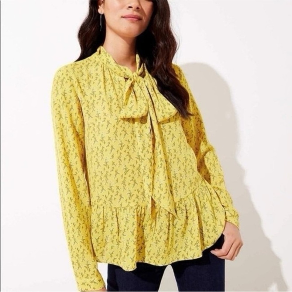 Loft Yellow Boho Floral Long Sleeve Neck Tie Peplum Blouse Flowy